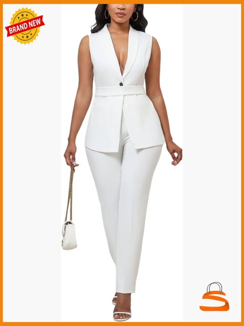 Womens 2 Piece Belted Vest and Pants Suit Set Business Casual Office